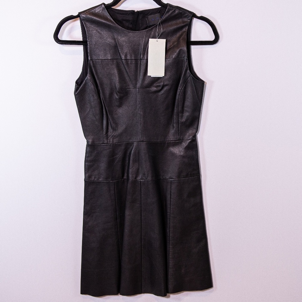 NEW A.L.C. Genuine Leather Panels Sleeveless Scoop Neck Mini Dress Black 0
